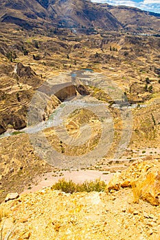 Colca Canyon, Peru,South America. Incas to build Farming terraces with Pond and Cliff. One of deepest canyons in world