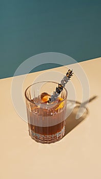 Cold alcoholic cocktail decorated with burnt wheat on a colored background angle view