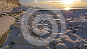 Cold Baltic sea in winter with icy beach