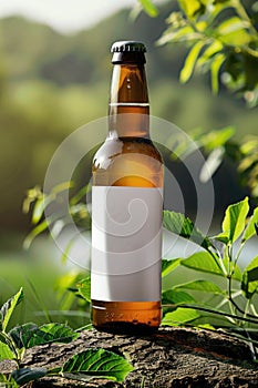 Cold Beer Bottle with Blank Label on Rustic Wooden Surface in Nature