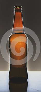 Cold beer bottle with drops, frost and vapour on black