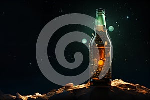 Cold beer bottle on surface of an asteroid or planet