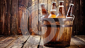 Cold beer bottles in bucket on wooden background, ready to enjoy. Ai Generated