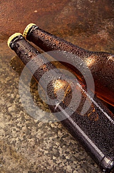 Cold beer bottles. Fresh beer bottles concept.