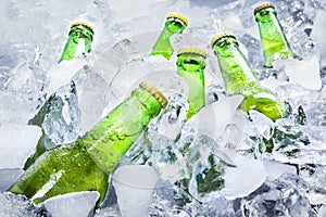Cold beer bottles on ice