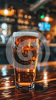 Cold beer with bubbles in a pub, with a blurred background of a bar setting