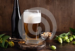 cold beer glass with foam, snacks and beer bottle on dark wooden background