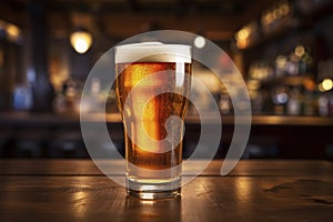 Cold Beer in Glass on Wooden Bar Counter