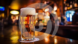 Cold beer pint in glass on counter desk pub. Generative AI