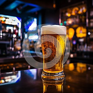 Cold beer pint in glass on counter desk pub. Generative AI