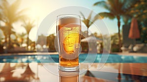 cold beer by the pool, its crispness beautifully captured in a transparent glass against picturesque sky and sun.