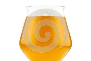 Cold beer in a Teku tasting glass filled to full with foam, drops of water on glass, isolated on a white background with a clippin photo