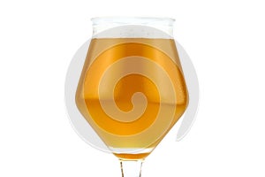 Cold beer in a Teku tasting glass filled to full with foam, drops of water on glass, isolated on a white background with a clippin photo