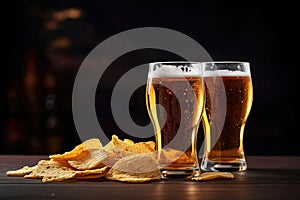 Cold beer in two glasses and a bowl of potato chips on a dark wooden background