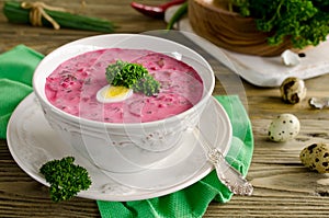 Cold beet soup with egg, cucumber, potatoes and greens