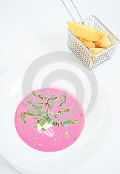 Cold beetroot soup(Holodnik). Cold soup made from beets, cucumbers, eggs, herbs and yoghurt.