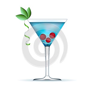 Cold blue cocktail with red berries on a white background