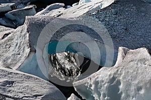 The cold blue ice of the impressive Nigardsbreen glacier melting into a wild river in Jostedalsbreen National Park