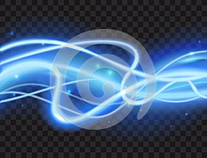 Cold blue plazma glow lines neon light effect decor, luxury glowing energy banner design photo