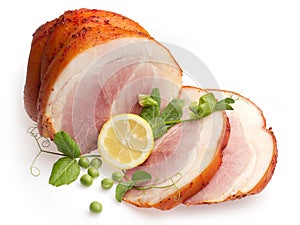 Cold boiled pork decorated with lemon and pea