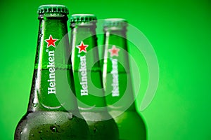 Cold bottle of Heineken Lager Beer with drops