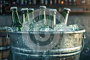 Cold bottles of beer in a bucket with ice on table in bar
