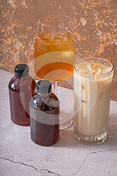 Cold brew coffee in bottles, cold brew with milk and cold brew tonic