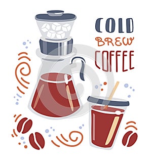 Cold brew coffee. Trendy flat illustration of a take away cup and pour over coffee maker.