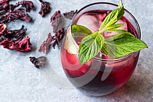 Cold Brew Hibiscus Tea with ice and Mint Leaves.