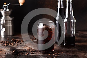 Cold brew iced coffee in glass bottles