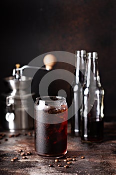 Cold brew iced coffee in glass bottles