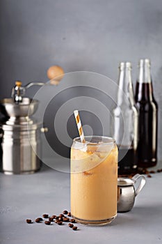 Cold brew iced coffee in glass bottles