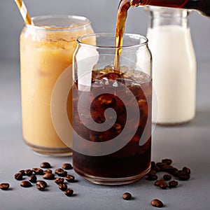 Cold brew iced coffee in glass bottles