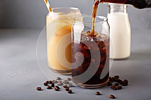 Cold brew iced coffee in glass bottles