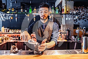 Cold Brew. For lovers of cool caffeinated drinks. Served in a transparent glass with ice. Before use, it is infused for several