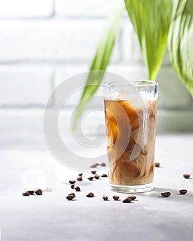 Cold brewed iced coffee in a tall glass cup and coffee beans on a gray concrete background. Pouring milk into a glass of coffee
