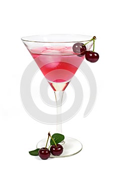 Cold cherries drink with ice cubes and fresh cherries isolated on white
