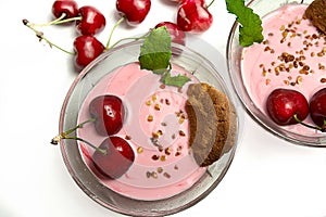 Cold cherries mousse served with fresh cherries photo