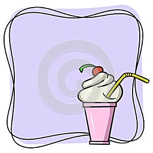 Cold cherry ice cream, delicious milkshake with a drinking tube, banner copy space, vector