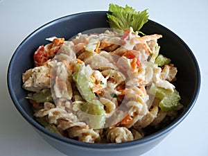 Cold chicken pasta salad in a grey bowl photo