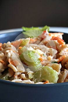 Cold chicken pasta salad in a grey bowl photo