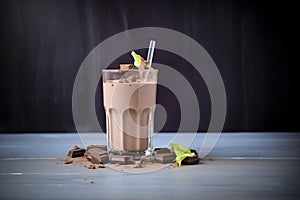 cold chocolate milk in a glass with ice cubes