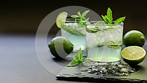 Cold cocktail with lemon liqueur, lime, tonic, ice on dark background.