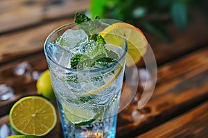 Cold cocktail with lime, mint, tonic, vodka and ice on wooden background, Fresh miojito cocktail with cuban rum, lime