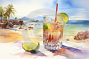 Cold cocktail with tropical fruits and ice cubes on a sandy beach, summer, watercolor