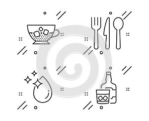 Cold coffee, Food and Water drop icons set. Whiskey glass sign. Ice cubes in beverage, Cutlery, Crystal aqua. Vector