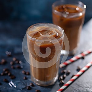 Cold coffee with ice and milk or cream on a background of coffee beans, summer drinks, coolness from the fry