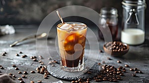 Cold coffee with ice and milk. selective focus. Generative AI,