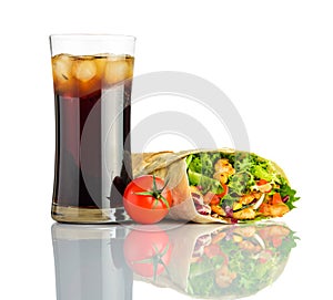 Cold Cola with Shawarma Sandwich Isolated on White