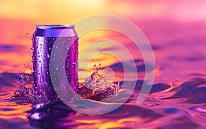 cold colorful metallic soda can in splashing water and with drops of condensate, fresh drink in liquid, advertising mock